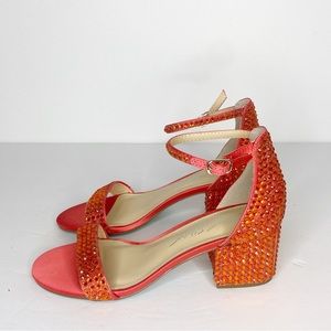 Betsey Johnson Mari Orange Coral Rhinestone Satin Heels Shoes Womens Size 6